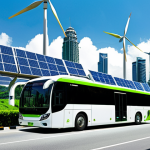 **Image:** A futuristic cityscape of Kuala Lumpur. Solar panels and wind turbines are subtly integrated into the buildings. In the foreground, a sleek, modern bus powered by hydrogen fuel cells is driving down a street lined with lush greenery. The sky is clean and blue. The overall feel is optimistic and technologically advanced, symbolizing a clean energy future for Malaysia.
    **Prompt:** futuristic Kuala Lumpur cityscape, hydrogen fuel cell bus, solar panels, wind turbines, clean energy, green environment, advanced technology, Malaysian context, optimistic atmosphere, blue sky.