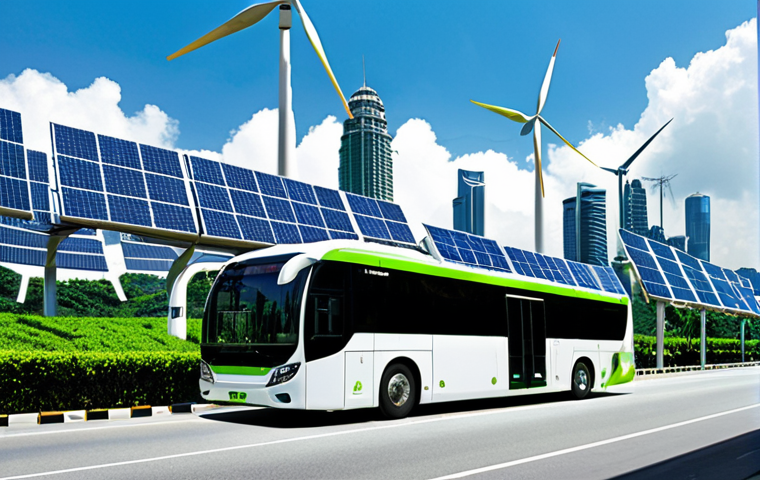 **Image:** A futuristic cityscape of Kuala Lumpur. Solar panels and wind turbines are subtly integrated into the buildings. In the foreground, a sleek, modern bus powered by hydrogen fuel cells is driving down a street lined with lush greenery. The sky is clean and blue. The overall feel is optimistic and technologically advanced, symbolizing a clean energy future for Malaysia.
**Prompt:** futuristic Kuala Lumpur cityscape, hydrogen fuel cell bus, solar panels, wind turbines, clean energy, green environment, advanced technology, Malaysian context, optimistic atmosphere, blue sky.